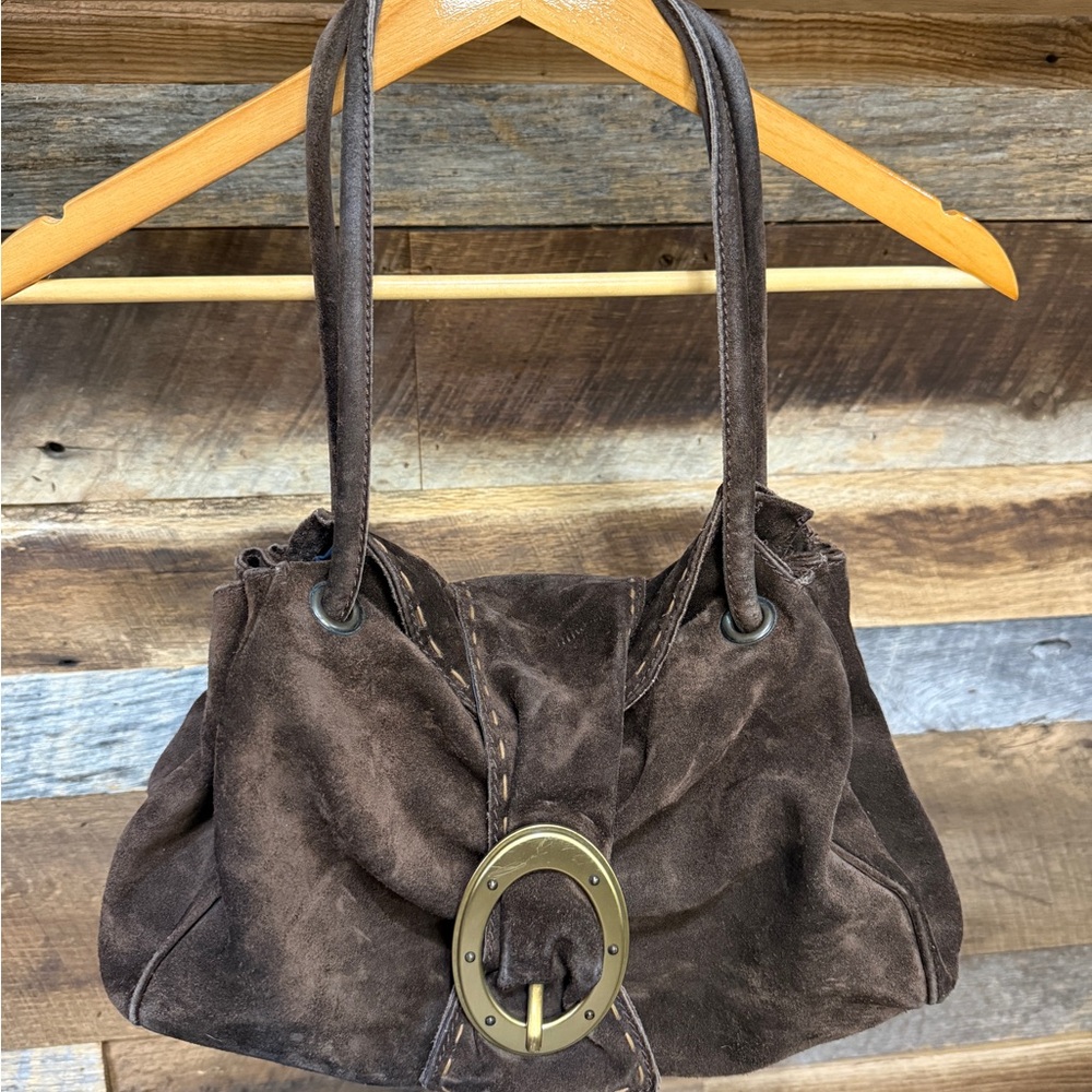 Suede Shoulder Bag with Brass Ring Accent - Brown